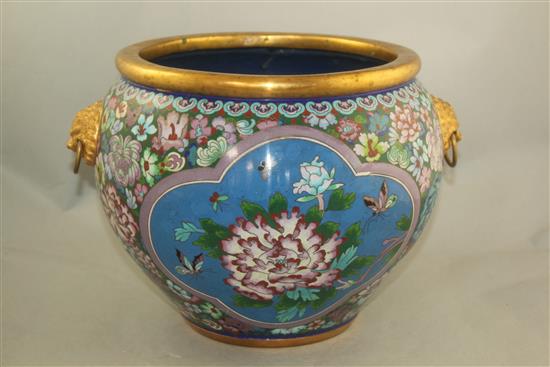 A Japanese cloisonne enamel and gilt metal two handled jardiniere, late 19th century, width 35.5cm.
